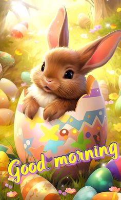 an easter bunny is sitting in the middle of some eggs with words good morning on it