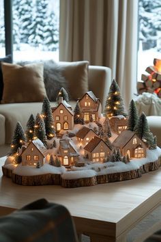 a living room filled with furniture covered in snow next to a christmas tree and lit up house