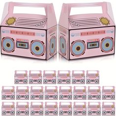 a pink boombox with twelve different designs on the front and side, all in various sizes