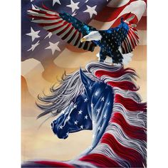 an eagle sitting on top of a horse with the american flag in the back ground