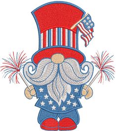 a patriotic gnome with an american flag hat and fireworks