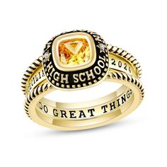 Celebrate your best school days with this personalized and engravable class ring with jacket set. Select your choice of metal The center features the 6.0mm bezel-set cushion-cut simulated birthstone of your choosing The frame can be customized with school name or motto and adorned with two diamond accents Further personalize the design with two lines of text to be inscribed along the shank Add another line of text to be engraved along the inside of the shank The double-row open jacket showcases Open Jacket, School Days, Cushion Cut, Bezel Setting, Class Ring, Personalized Jewelry, Or Rose, Birthstone, The Row