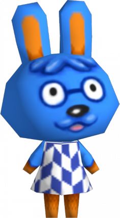 an animal crossing character is wearing a blue bunny suit and checkered dress with orange ears