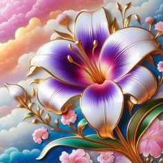 an artistic painting with flowers and clouds in the background