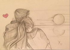 a pencil drawing of a girl with long hair and a heart on her shoulder looking at the sun