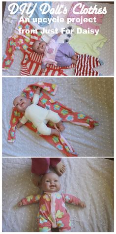 three pictures of baby dolls laying on a bed with the caption, day out clothes an upcycle project from just for daisy