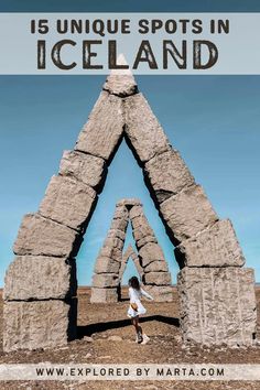 a person standing in front of an arch made out of rocks with text overlay reading is unique spots in iceland