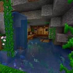 the inside of a minecraft house with plants and flowers growing on the outside wall