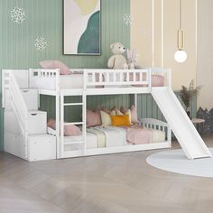 a child's bedroom with a bunk bed and toy animals on the floor next to it