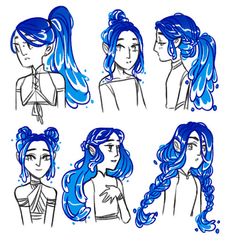 four different types of blue hair are shown in this drawing lesson, which shows how to draw