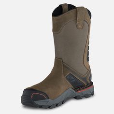 a pair of brown boots with black outstep on the sole and side zippers