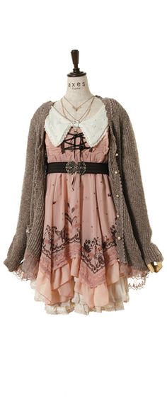 A super girly dress covered with a shapeless, comfortable cardigan. You have to have glasses to pull this look off. Axes Femme Dress, Axes Femme Outfit, Axes Femme Fashion, Magnolia Cafe, Redesigned Clothes, Tokyo Shopping