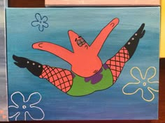 an acrylic painting of a person floating in the air on a blue background