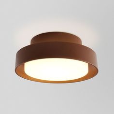 a light that is on the ceiling with a brown ring around it's edge