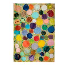 an abstract painting with many different colors and shapes on the surface, including circles in varying sizes