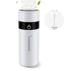 an air purifier is shown with its lid open and leaves coming out