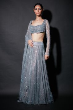 Itrh-Dark Grey Embellished Lehenga Set-INDIASPOPUP.COM Modern Lehenga, Embellished Lehenga, Grey Lehenga, Full Sleeve Blouse, Desi Fits, Royalty Aesthetic, Prom Inspo, Indian Fashion Saree, Lehenga Blouse