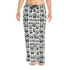 Wrap yourself in cozy comfort with our women's pajama pants, adorned with an adorable design featuring a group of baby pandas engaged in various cute activities. The pajama pants showcase a delightful full image of these playful pandas on both the front and back, making each pair a charming addition to your loungewear collection. Crafted from 100% polyester, these pants are designed for ultimate comfort while you relax. The elastic waistband at the back and adjustable black drawstring ensure a perfect fit, while the care label indicates that these pants are proudly sewn and assembled in the USA from parts sourced globally. Product Details: *Material: Made from 100% polyester, these pajama pants offer a soft, smooth feel against the skin, perfect for lounging at home or enjoying a restful n Cute Cotton Sleepwear, Cozy Cotton Sleep Pants, Cute Sleepwear With Elastic Waistband For Loungewear, Comfy Cotton Sleep Pants, White Cotton Home Bottoms, Cozy White Sleep Pants, Cute Cotton Bedtime Pants, Cozy Cotton Sleep Bottoms, Comfortable Bottoms For Sleepover