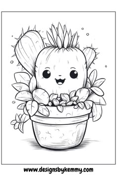 a drawing of a cactus in a pot with flowers on the bottom and one eye open