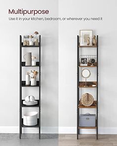 two shelves with plates and bowls on them in front of a white wall that says multipurpose use it in your kitchen, bedroom or wherever you need it