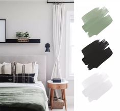 the bedroom is painted in shades of black, white and green with neutrals on the walls