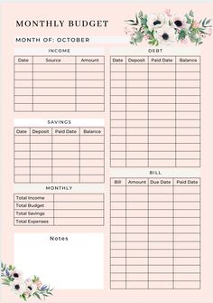 a printable wedding budget sheet with flowers and greenery on the bottom, in pink