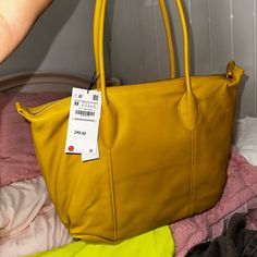 Brand New, Yellow, Tote Bag From Zara Chic Tan Leather Shoulder Bag, Zara Shoulder Bag With Detachable Strap For Travel, Luxury Yellow Bag With Zipper Closure, Yellow Shopping Bag With Detachable Handle, Modern Yellow Bag For Errands, Luxury Yellow Bags With Zipper Closure, Tan Tote Satchel For Shopping, Chic Tan Bags In Soft Leather, Zara Shoulder Bag With Adjustable Strap For Errands