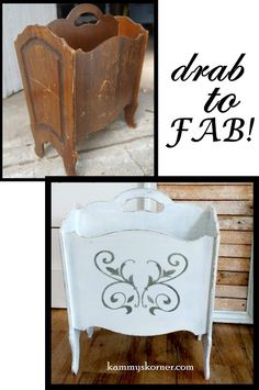 an old dresser has been painted white and is next to a sign that says drop to fab