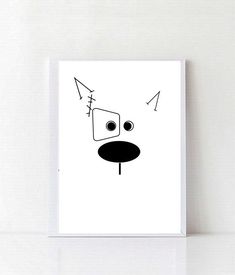 a black and white drawing of a dog's face on a white background,