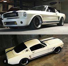 two pictures of the same car in different stages of being painted white and one has black stripes on it