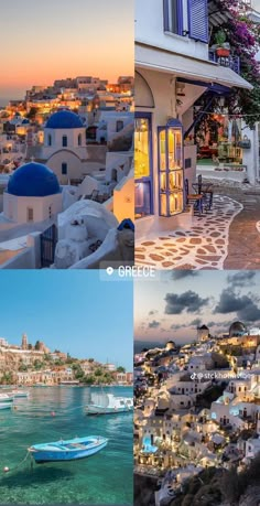 four different pictures of the same city and its surrounding buildings, with boats on the water in front of them