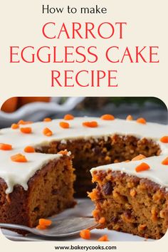 carrot eggless cake with white frosting and orange candies on the top slice