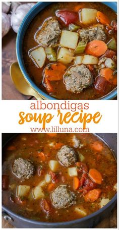 two pictures of soup with meatballs and vegetables