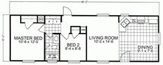 the floor plan for a two bedroom house with an attached bathroom and living room area