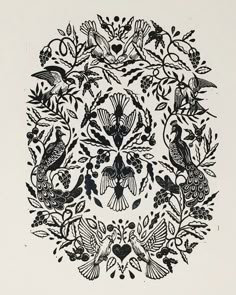 a black and white drawing of birds surrounded by leaves, flowers and hearts in the center