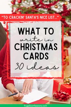 a woman sitting in front of a christmas tree with the words what to write in christmas cards