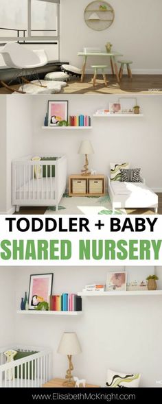 a baby's nursery with white walls and shelves filled with books, toys and other items