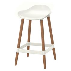 a white stool with wooden legs and a seat cushion on the bottom, in front of a white background