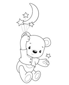 a teddy bear holding onto the moon with stars on it's back, coloring page