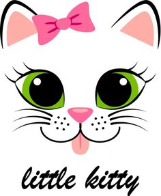 a white cat with green eyes and a pink bow on it's head that says little kitty