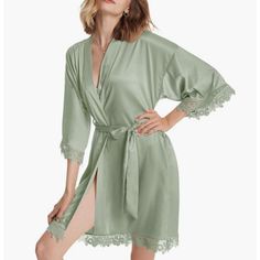 Amazon Nwt Sage Green Lace Satin Robe One Size Sage Green Satin Like Robe With Lace Along Hem And Arms, Waist Tie For Closure Size: One Size Condition: New With Tags Brand: Sold On Amazon Wedding Party Sage Green, Robe Bridesmaids, Women Silk Robe, Bridesmaids Robes, Bridal Women, Bridal Party Robes, Silk Robe, Bridesmaid Robes, Bridal Robes