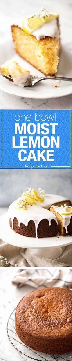 the cover of one bowl most lemon cake, with two cakes on plates behind it