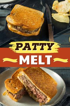 the patty melt sandwich is cut in half and served on a plate with potato chips