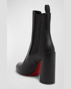 "Find CHRISTIAN LOUBOUTIN Turelastic Leather Red Sole Ankle Booties on Editorialist. Christian Louboutin \"Turelastic\" calf leather ankle booties 3.25 in / 85 mm block heel Round toe Gored sides Pullon style Signature Louboutin red leather outsole Made in Italy" Christian Louboutin Logo, Lou Boutin Shoes, Red Louboutin, Black Ankle Booties, Red Sole, Black Leather Boots, Ankle Booties, Red Leather, Calf Leather