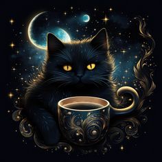 a black cat sitting on top of a cup next to a full moon and stars