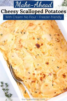 a casserole dish with cheese and herbs in it on a white plate next to a fork