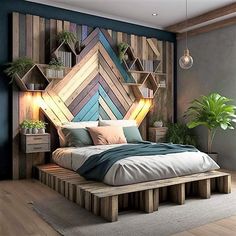 a bed made out of pallet wood with plants on the headboard and shelves above it