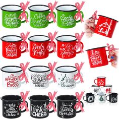 coffee mugs with christmas designs on them and ribbons tied around the edges, all decorated in different colors