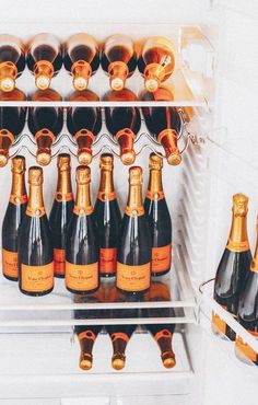 a refrigerator filled with lots of bottles of champagne