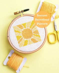 a cross - stitch pattern with scissors and thread on a yellow background that says instant download pattern